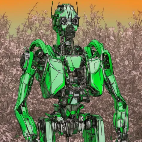 A Transforms-style robot, verde, olhos verdes e corpo coberto de vinhas