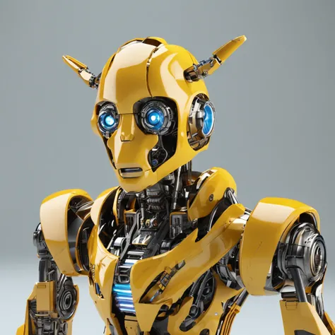 A Transforms-style robot, amarelo, raios amarelos ao redor do corpo e olhos com brilho laranja