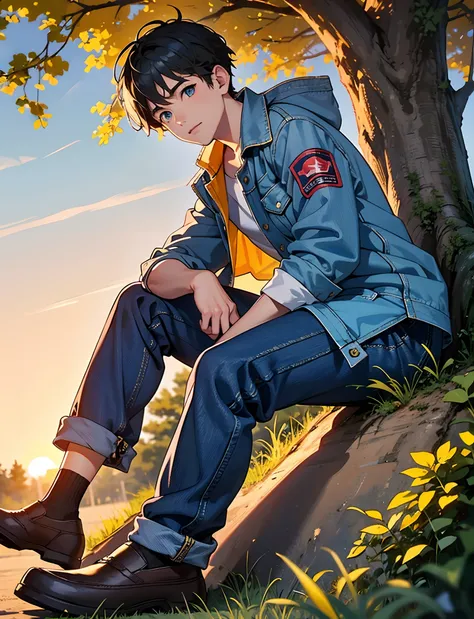 a young boy with，wear a denim jacket，blue color eyes，sitting in park，big tree in the background，sunset and sunset，staring right ...