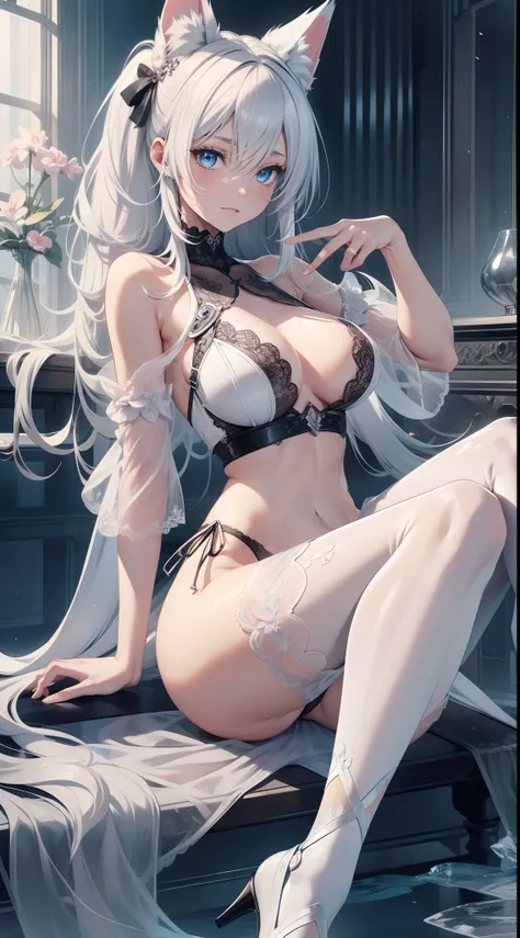 full bodyesbian，tmasterpiece，Best quality at best，offcial art，Very detailed CG 8k wallpaper，(flying petal)(Detailed ice)，Crystal texture of the skin，Grim expression，(fox ear)，whaite hair，long whitr hair，messy  hair，eBlue eyes，Medium breasts，looking at view...