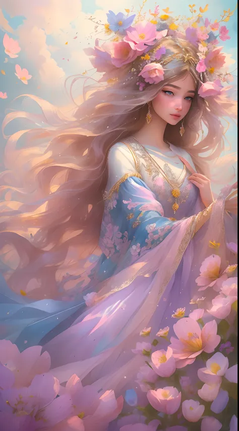 The colors in this image are soft and draw inspiration from gentle watercolors and should be primarily pink. Generate a delicate and tranquil flower princess with soft hair dancing in the wind and intricately braided. Her sweet face has puffy, kissable lip...