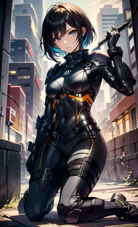 best qualityer，tmasterpiece，Ultimate resolution，downy，Extremely colorful，Colorful，Women combatants，（Kneeling pose）a matural female，Black super short hair，Tight combat suit，tightsuit，Steel City background，the night，Normal posture，Normal posture