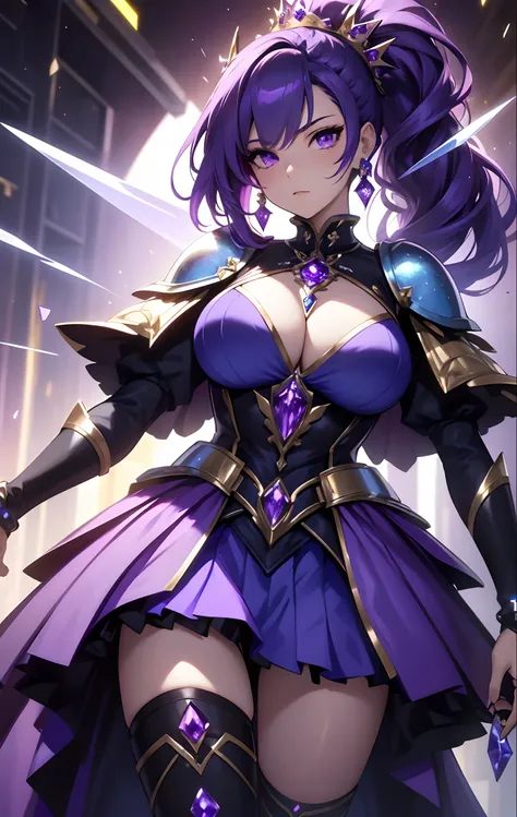 best qualityer，tmasterpiece，Ultimate resolution，downy，Extremely colorful，Colorful，Lady Knight，Royal Sister，Blue-purple armor skirt，Full body set with gemstones，amethyst，huge tit，（Short thin purple hair，High ponytail），Shield set with precious stones，jewelry...