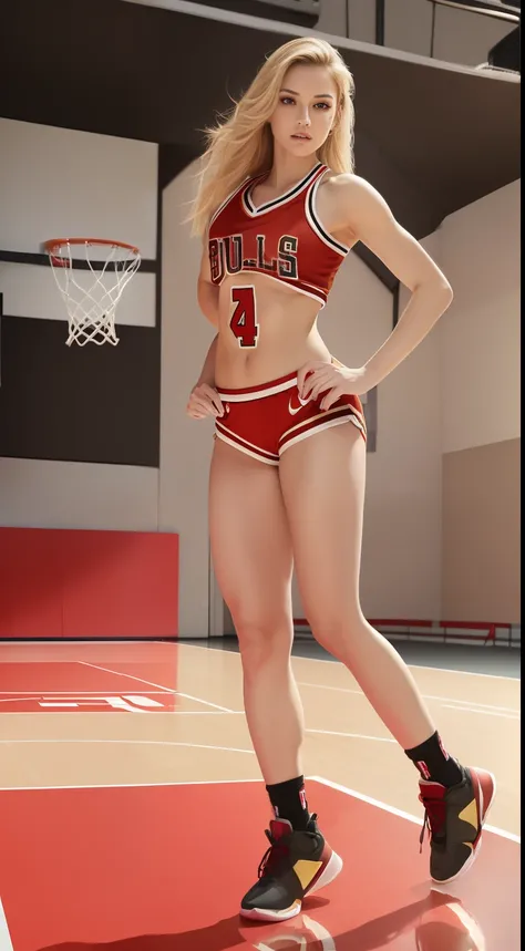 ((full body)), (8K, Best Quality, masterpiece), (Realistic, Photorealsitic), of the highest quality, masterpiece, Beautuful female, adult female, sensual Female, (((Chicago Bulls uniform brassiere, thin abs))), (((in the basketball court))), Small bust, sl...