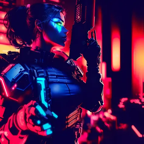 Theres a woman in a futuristic outfit holding a gun, cyberpunk with neon lighting, soldado cyberpunk, cyberpunk militar imperial, mulheres cyberpunk, cyberpunk cores vibrantes, samurai cyberpunk muito bonito, cyberpunk feminino, Cyberpunk 2 0 e. o modelo m...