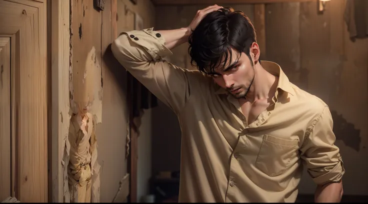 Ultra-realistic 8k image of a thin 25-year-old man, short black hair, dressed in beige button-up blouse and beige pants, surprised expression, standing with hand on back of head, rustic and evil room lit with faded walls, night