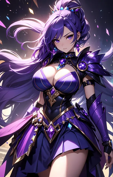 best qualityer，tmasterpiece，Ultimate resolution，downy，Extremely colorful，Colorful，Lady Knight，Royal Sister，Blue-purple armor skirt，Full body set with gemstones，amethyst，huge tit，（Short thin purple hair，High ponytail），Shield set with precious stones，jewelry...