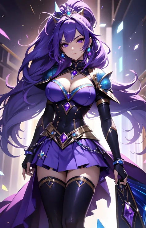 best qualityer，tmasterpiece，Ultimate resolution，downy，Extremely colorful，Colorful，Lady Knight，Royal Sister，Blue-purple armor skirt，Full body set with gemstones，amethyst，huge tit，（Short thin purple hair，High ponytail），Shield set with precious stones，jewelry...