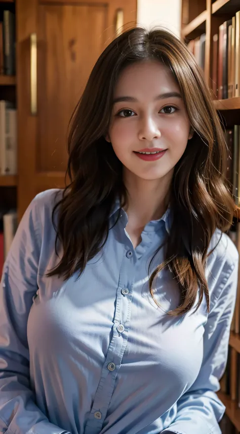 (dasha taran),upper half of body,Big eyes,small face,long sleeve button down shirt,librarian suit,in the dark,thick body:1.8,huge breasts:1.6,Loose and fluffy curls,lustrous skin,smile