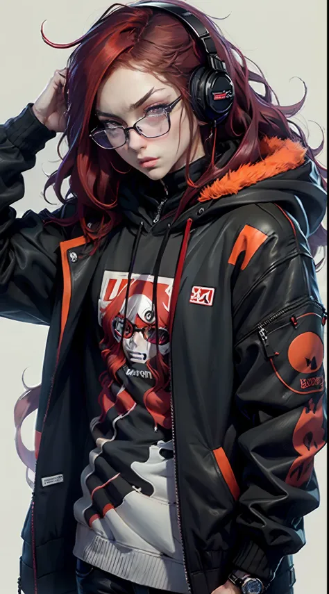 Persona 5, Futaba ,(masterpiece, best quality:1.1), ghibli style, red and blak colors, long_orange_hair, purple eyes, hair_bands, glasses, black and red headphone, coat and hoodie and fur, solo,free style