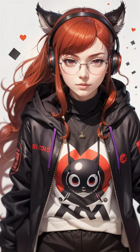 Persona 5, Futaba ,(masterpiece, best quality:1.1), ghibli style, red and blak colors, long_orange_hair, purple eyes, hair_bands, glasses, black and red headphone, coat and hoodie and fur, solo,free style