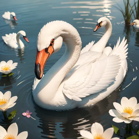 There is a swan in the water, with several other swans behind in the distance, flowers around, spring season, close up