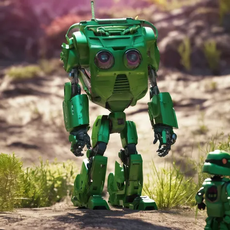 Green robot away from the scene, atacando com um golpe de folhas