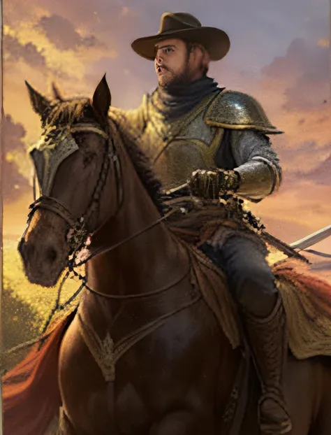 A man rides on a horse and holds a sword,