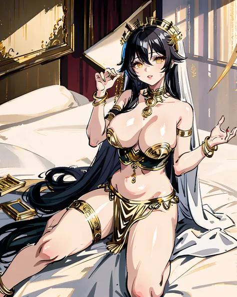 masterpiece, best quality, ultra-detailed, 1girl, solo, looking at viewer, (curvy:1.1), large breasts, black hair, long hair, hair over one eye, (wavy hair:1.1), yellow eyes, , (breasts apart:1.3), groin, (pasties:1.3), neck ring, armlet, bracelet, (thighl...