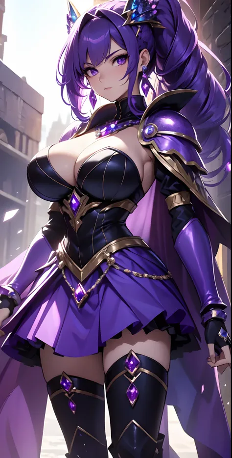 best qualityer，tmasterpiece，Ultimate resolution，downy，Extremely colorful，Colorful，Lady Knight，Royal Sister，Blue-purple armor skirt，Full body set with gemstones，amethyst，huge tit，（Short thin purple hair，High ponytail），Shield set with precious stones，jewelry...