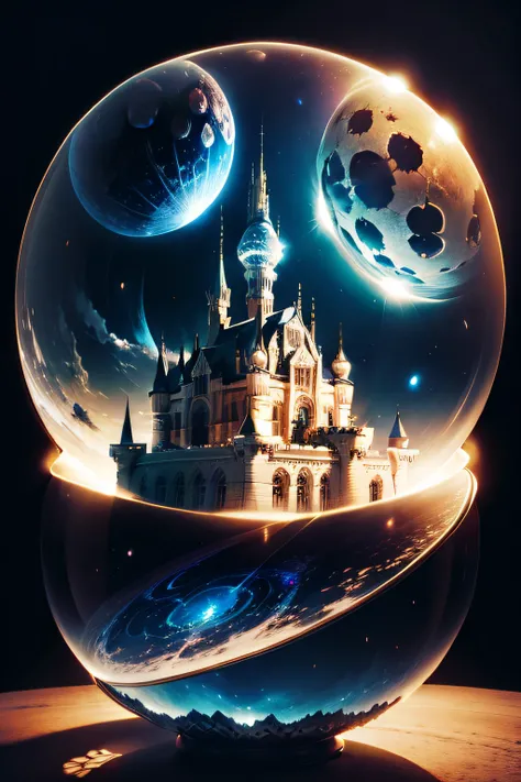 castle and moon the glass dome that can replace your reality , in the style of silver and bronze, exotic fantasy landscapes, spherical sculptures, swirling vortexes --ar 3:2