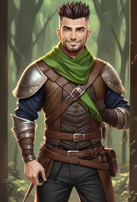 male character,(brown eyes: 2.4) 24 years old, mohawk hair, brown, single color, sarcastic look, smile, scar over left eye, large green scarf around neck, medieval marauder rogue outfit,full body --auto --s2