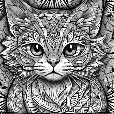 Create a black and white illustration with wavy lines and a look similar to a childrens coloring book page. o desenho deve conter um gato envolvido em mandalas, Make sure there is no noise and that the lines are thick and sharp like contour art, imagem ult...