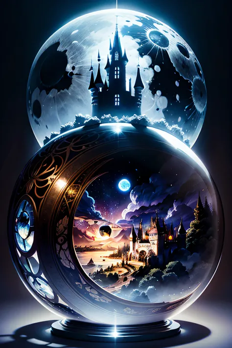 castle and moon the glass dome that can replace your reality , in the style of silver and bronze, exotic fantasy landscapes, spherical sculptures, swirling vortexes --ar 3:2