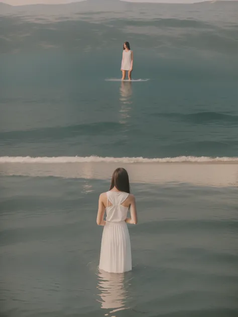 1girll, Stand in the middle of the lake，Full body photo，（20 years old），Static posture