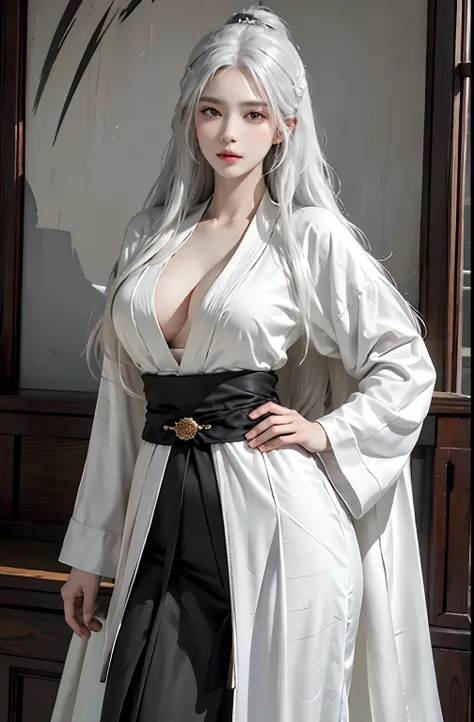 Photorealistic, High resolution, 1womanl, Solo, hips up high, look at viewr, (Detailed face), White hair, Long hair, Taoist robe,Oversized clothes, Jewelry