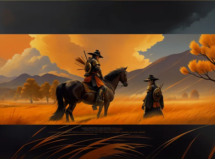 Opening Scene, Ghost of Tsushima, Akira Kurosawa, extreme long distance shot, black armor, Japanese Samurai black hair, rides a small black war horse across open immersive pampas grass fields, dawn, yellow golden leaves, red, orange of autumn, pampas grass...