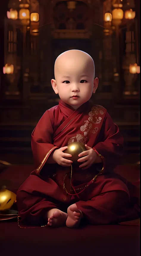 Arad baby in red robes，Holding a golden ball in his hand, lovely digital painting, monk clothes, buddhist monk, Portrait shooting, Buddhist, portrait of monk, monk, 2 1 st century monk, monk meditation, wearing gilded red robes, Buddhism, monk, close up po...