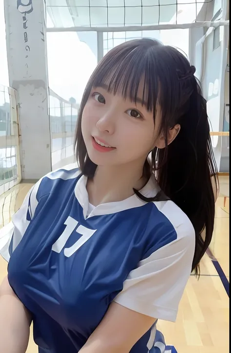 masutepiece,Best Quality,Detailed,Indoors,Gymnasium,1girl in,Solo,Beautiful Japan Girl、Curvaceous,Wearing a white volleyball uniform,shortsleeves、(ultra gigantic tits:1.3)、(Random volleyball postures:1.4)、(Random Hair Styles:1.3)、(Random hair length:1.5)、B...