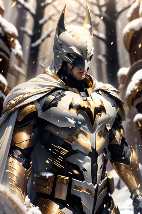 Batman full body on a white, gold and red armor suit, on a white snow forest, snow falling over the armor, the sin shines over the armor suit, hyper realistic, photorealistic, intricate fabric details, needlepoint vining elements, photo realism, 24k resolu...