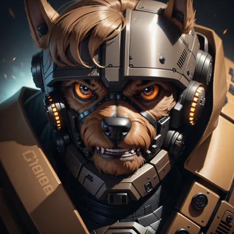 A Yorkshire Terrier (robot) dog as the doomslayer, realistic scifi cyberpunk power armor robot, closeup portrait