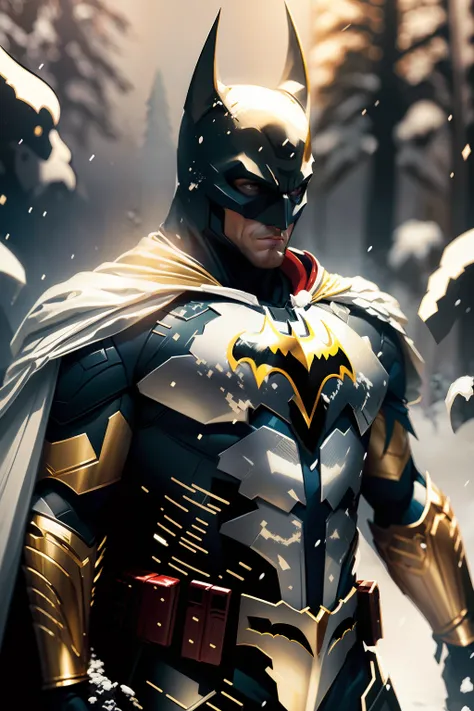 Batman full body on a white, gold and red armor suit, on a white snow forest, snow falling over the armor, the sin shines over the armor suit, hyper realistic, photorealistic, intricate fabric details, needlepoint vining elements, photo realism, 24k resolu...