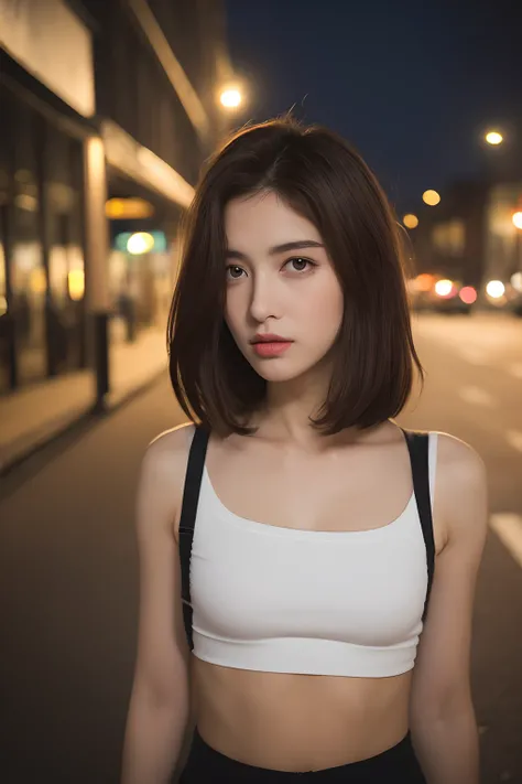 ((Realistic lighting, Best quality, 8K, Masterpiece: 1.3)), Clear focus: 1.2, 1girl, Perfect Figure: 1.4, Slim Abs: 1.1, ((Dark brown hair)), (White crop top: 1.4), (Outdoor, Night: 1.1), City streets, Super fine face, Fine eyes, Double eyelids,