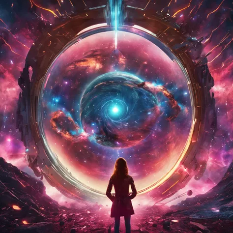 um olhar intenso de um menina, in the eye reflects a galactic battle with explosions