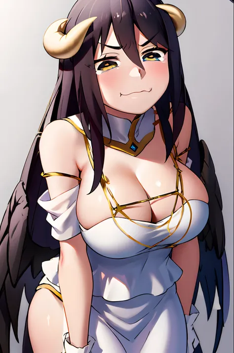 masterpiece, best quality, highres, al1, demon horns, slit pupils, white gloves, white dress, bare shoulders, detached collar, cleavage, black wings, feathered wings, low wings, cowboy shot, standing, smile, dungeon, evil smile,