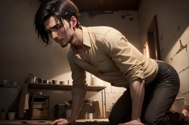 Ultra-realistic 8k image of a slim 25-year-old man, short black hair, dressed in a beige button-up shirt and beige pants, kneeling and vomiting in a rustic, dark room with faded walls, night