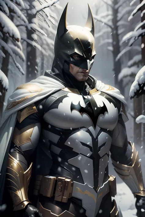 Batman full body on a white, gold and red armor suit, on a white snow forest, snow falling over the armor, the sin shines over the armor suit, hyper realistic, photorealistic, intricate fabric details, needlepoint vining elements, photo realism, 24k resolu...