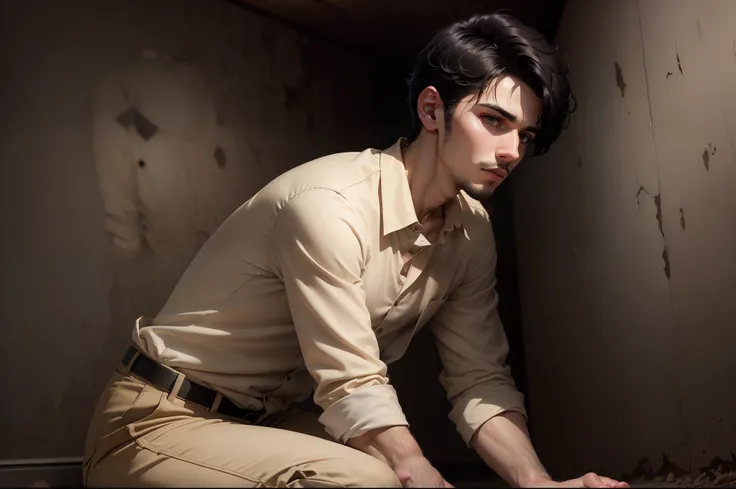 Ultra-realistic 8k image of a slim 25-year-old man with short black hair, dressed in a beige button-up shirt and beige pants, kneeling and looking sick in a rustic, dark room with faded walls, night