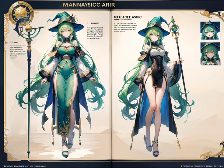 ((Masterpiece, Highest quality)), Detailed face, CharacterDesignSheet， full bodyesbian, Full of details, Multiple poses and expressions, Highly detailed, Depth, Many parts，Beautiful girl with green hair，Wearing a wizard hat，curlies，Extremely long hair，shor...