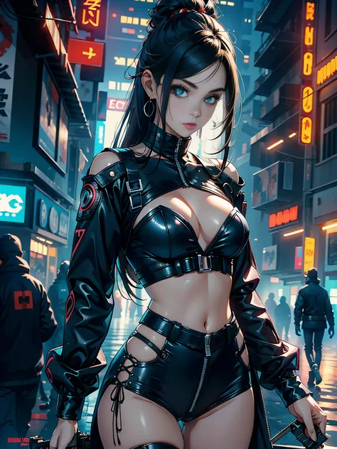 roupa sensual, branca, mulher, cabelo curto, fundo cyberpunk, olhos heterocromia, pistola na mao