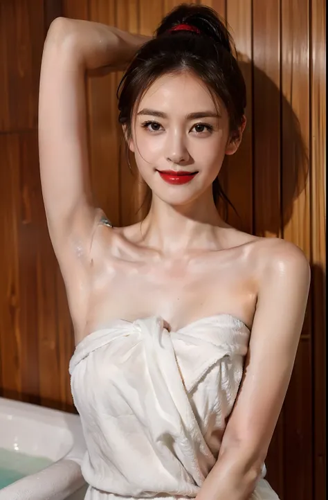 ((armpit pose、Armpit、Raise your hands to show your armpits、is looking at the camera、A smile、Naked strapless bath towel、Steam in the sauna room、Photograph the whole body、Naked only with a strapless towel、Sweaty glowing skin、Detailed armpit wrinkles、13years、...