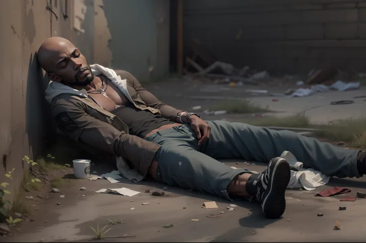 ultra realistic 8k image of a black man, bald, thin and weakened body, dressed in dirty clothes, passed out and lying on the ground of an abandoned alley