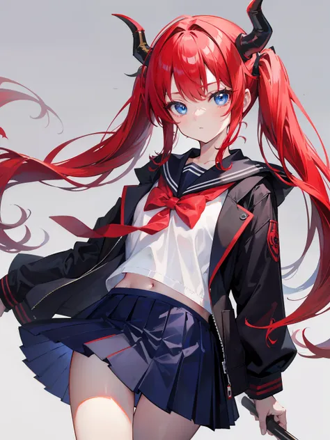 red hair, blue eyes, twintails, Sailor suit,black coat, Dragon horns,Pleated skirt,solo,loli,cute,bow