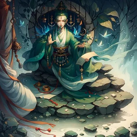 A cute little monk，Good looking，Wearing a monks robes，Holding a Buddha bead，In tranquility、Meditate in a tranquil setting，Meditate the sutras in your mouth，The surroundings are predominantly green，Bright light，Picture HD