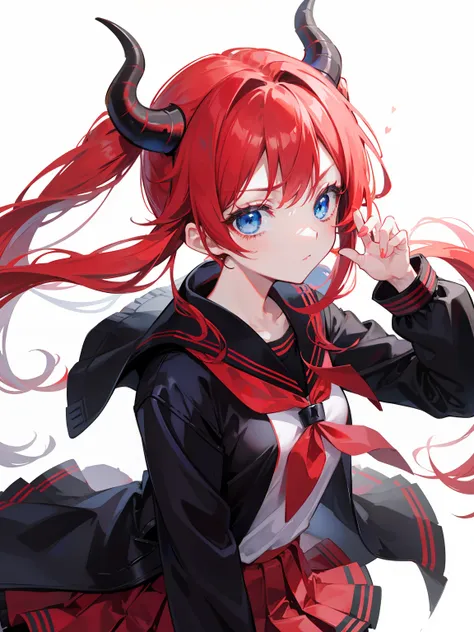 red hair, blue eyes, twintails, Sailor suit,black coat, Dragon horns,Pleated skirt,solo,loli,cute,bow