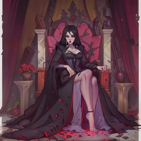 female vampire countess, evil, has long black hair, wearing regal black dress, sitting on throne