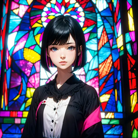 Beautiful girl with black hair bob cut expressed by stained glass、colourfull、Photorealsitic、highcontrast