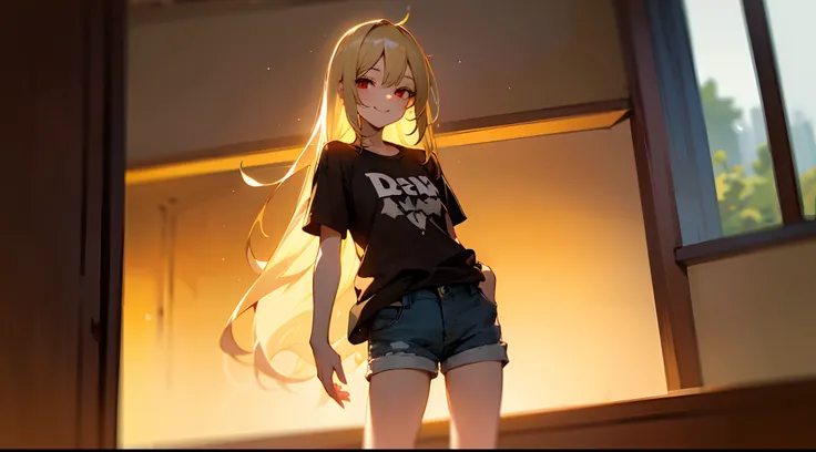 Best Quality, Detailed, 8K, 4K, Detailed beautiful girl, top-quality, hight resolution, Blonde long hair, Casual T-shirt and shorts,  Mans room, Devils Daughter, Single, Red Eyes, Standing posture, A smile,