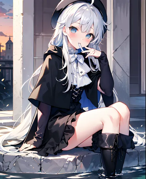 Best quality at best， against backlight at dusk， dolls， ahoge， Hair over the shoulder， long  white hair， Water-colored eyes， blush of nose， eBlue eyes， bucket-hat， cloaks， Gothic_Lolita， beret， hand_To_Mouth，thigh boots，Absolute realm，thigh boots，your legs...