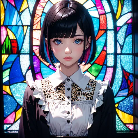 Beautiful girl with black hair bob cut expressed by stained glass、colourfull、Photorealsitic、highcontrast